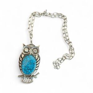 Silver Owl Pendant Necklace with Blue Stone